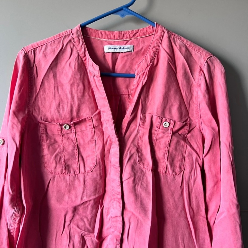 Tommy Bahama Pink Band Collar Roll Tab Sleeve Button Down Shirt Women S Tencel - Picture 3 of 15